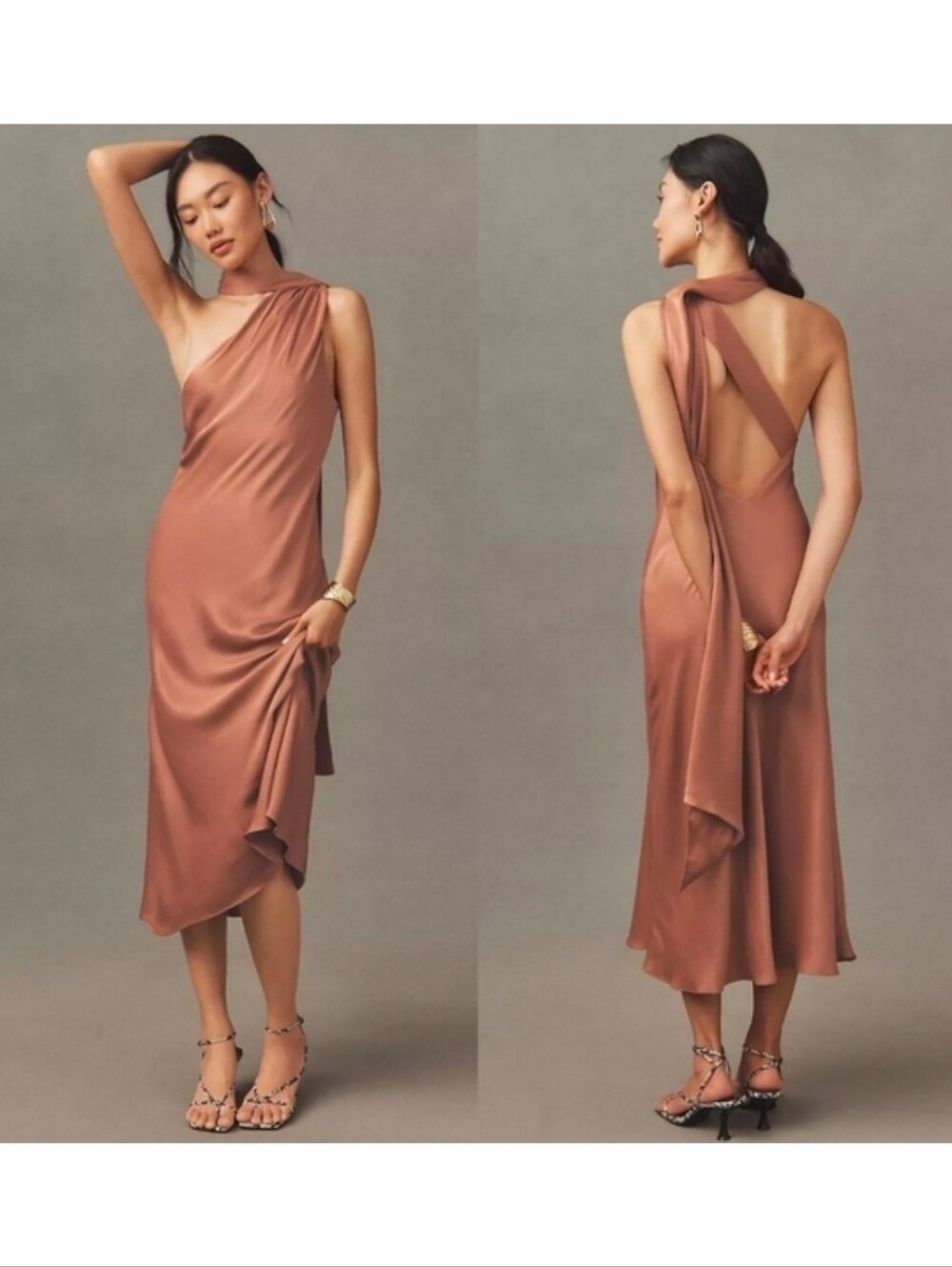 BHLDN Nicoletta One Shoulder Scarf Satin Midi Dress